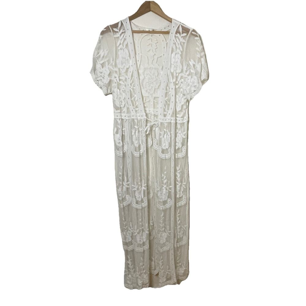 VTG 70s White Long Lace Sheer Peignoir Robe Lingerie Short Sleeve S/M Boudoir